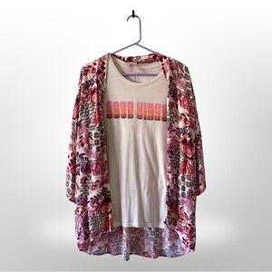 GAP White Tee with Pink Floral Kimono Overlay